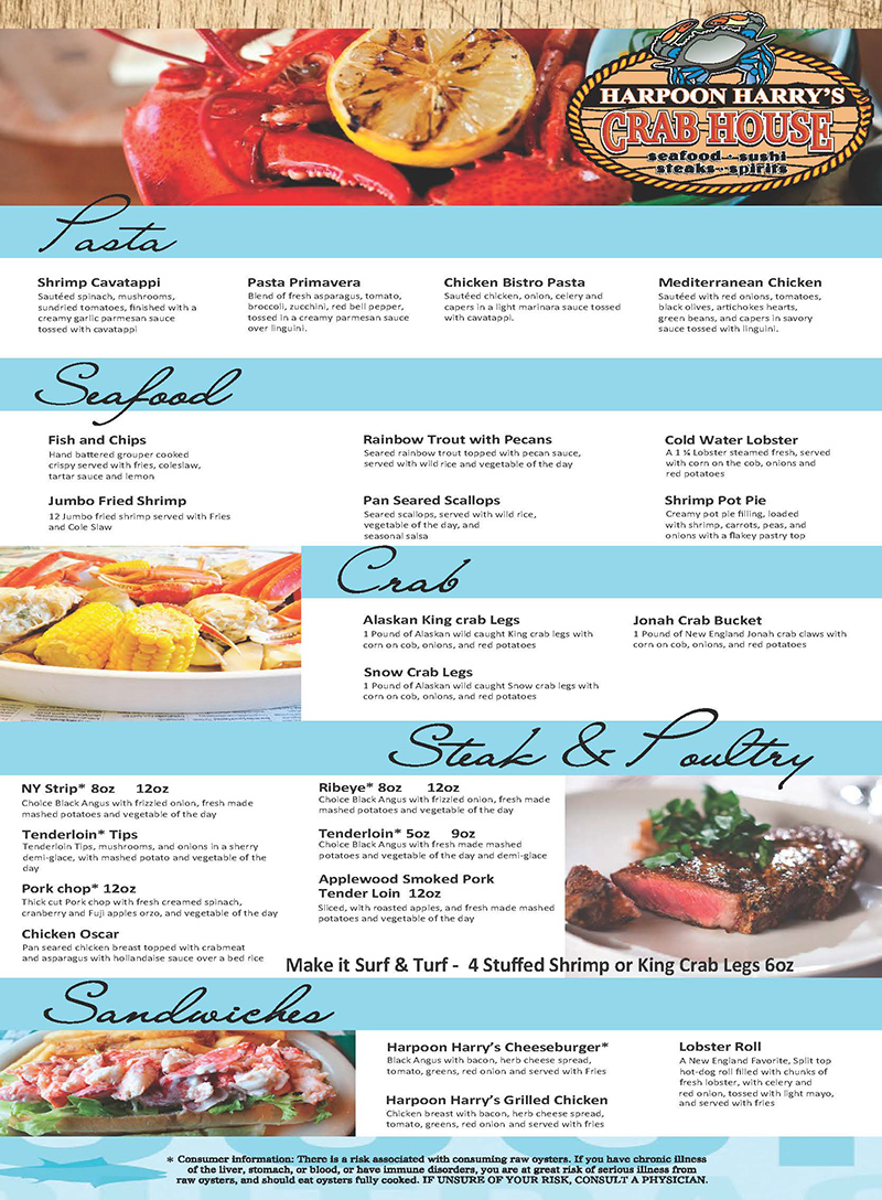 Dinner Menu Harpoon Harry’s Crab House in Pigeon TN