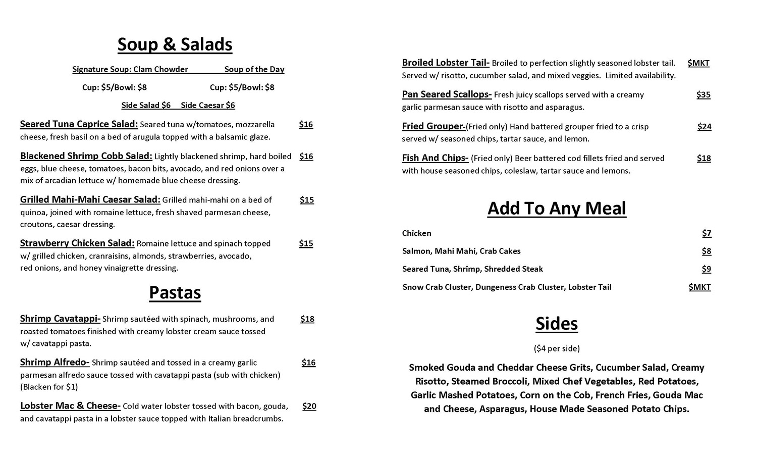 Dinner Menu Harpoon Harry’s Crab House in Pigeon TN