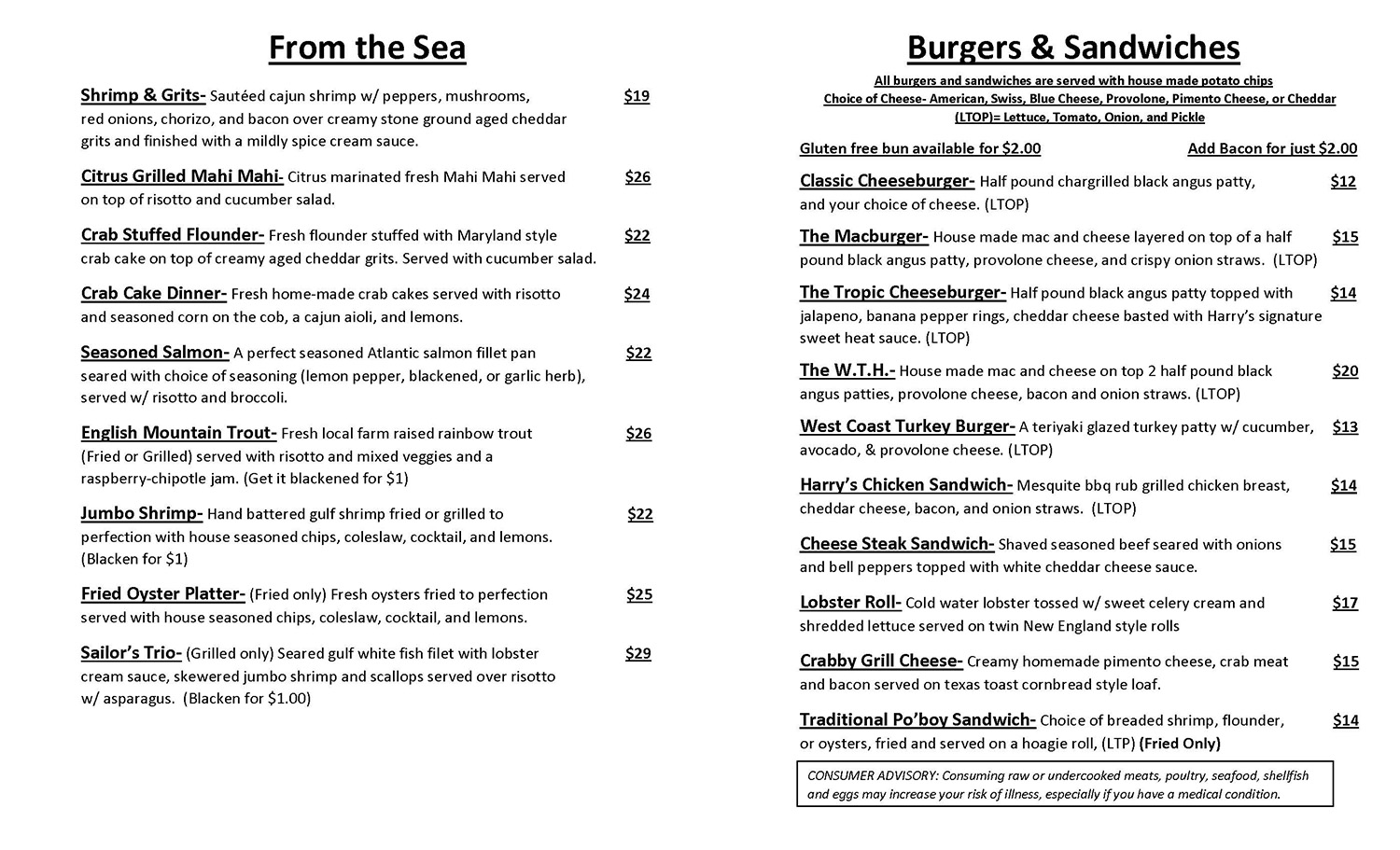 Dinner Menu Harpoon Harry’s Crab House in Pigeon TN