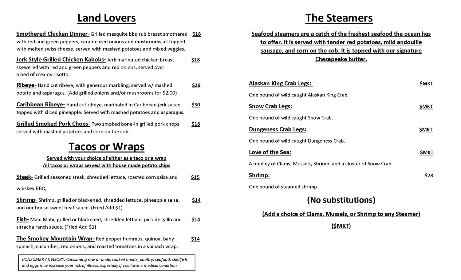 Dinner Menu Harpoon Harry’s Crab House in Pigeon TN